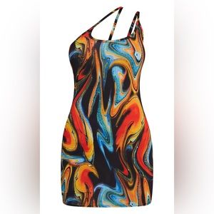 SHEIN Multi Abstract Print Slinky Asymmetric Strap Detail Bodycon Dress